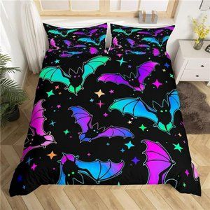 Halloween Bat Bedding Duvet Cover Set King Size Glitter Stars Galaxy Comforter